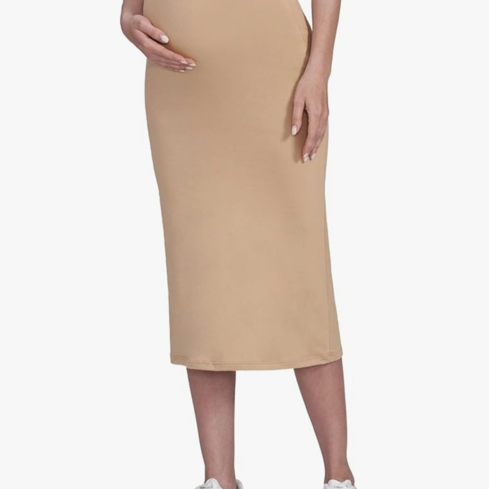 Poshdivah Maternity Pencil Skirt Medium Khaki Midi Over Belly Work Skirt